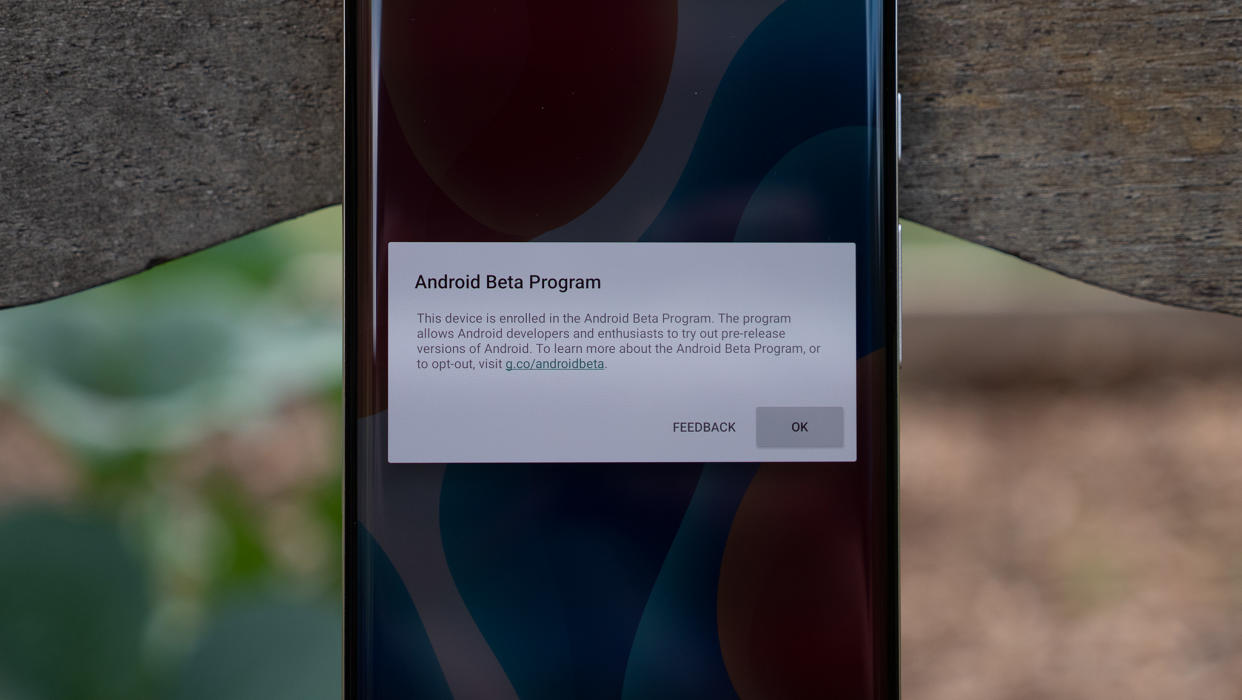  Google Pixel 6 Pro with red white and blue wallpaper and Android Beta warning message. 