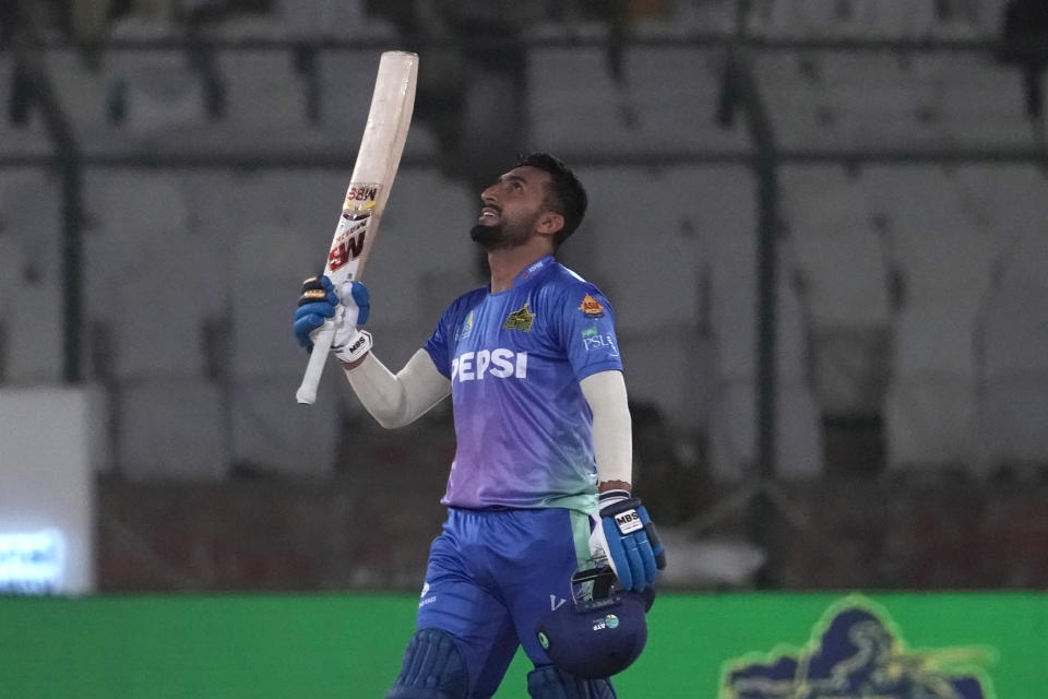 Multan Sultans' Yasir Khan celebrates after scoring fifity during the Pakistan Super League T20 cricket qualifier match between Peshawar Zalmi and Multan Sultans, in Karachi, Pakistan, Thursday, March 14, 2024. (AP Photo/Fareed Khan)