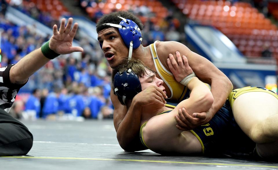 Time ran out for the pin as Martre Pearson of Jefferson put John Golic of Goodrich on his back winning the match 12-4 at 157 pounds in the D2 state quarterfinals at the Wings Event Center in Kalamazoo Friday, February 24, 2023.