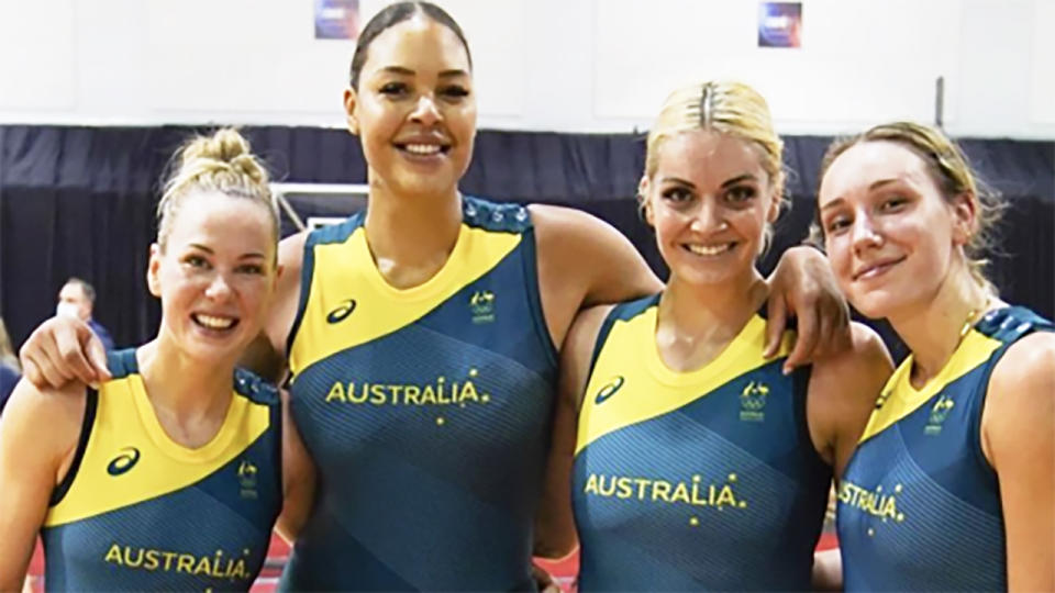 Liz Cambage, pictured here with Opals teammates in the lead-up to the Tokyo Olympics. 