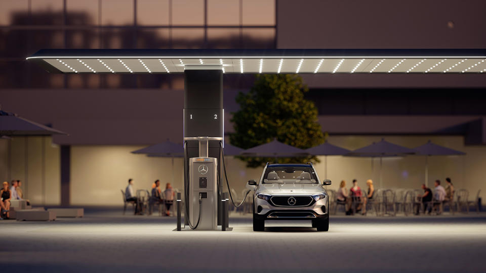 A rendering of one of Mercedes-Benz's high-speed EV charging stations