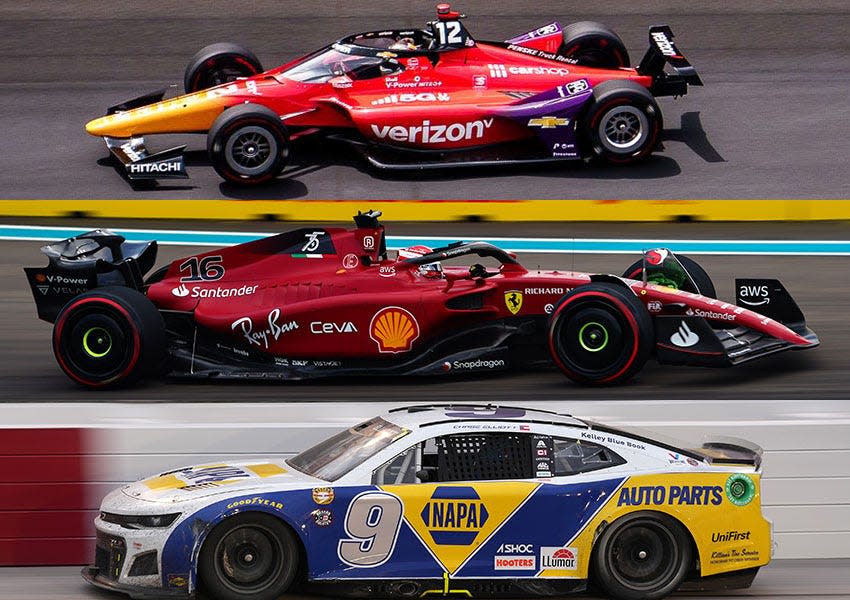 Will Power of IndyCar (top); Charles Leclerc of Formula 1 (middle); Chase Elliott of NASCAR Cup