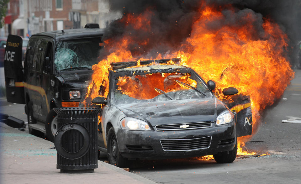 A Maryland Transit Authority patrol car burns at North and Pennsylvania Avenues on Monday, April 27, 2015, Baltimore, MD, USA. Photo by Jerry Jackson/Baltimore Sun/TNS/ABACAPRESS.COM