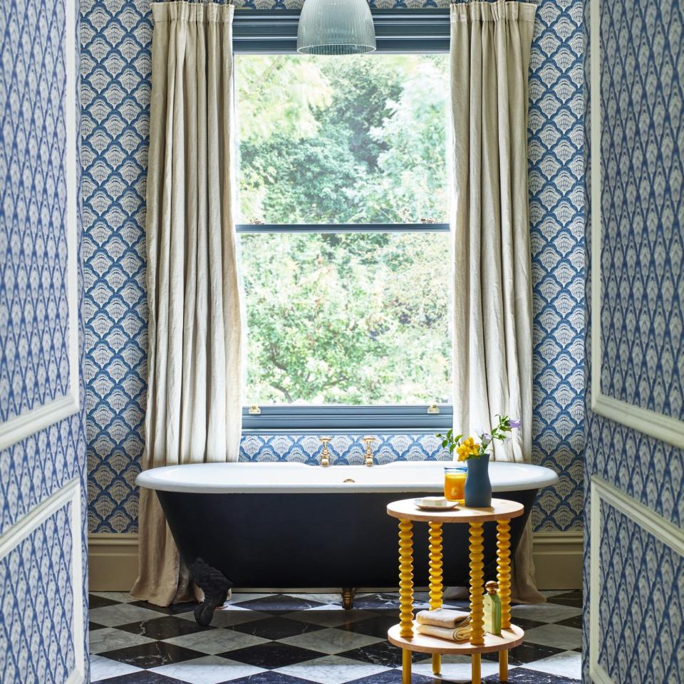 V&A Calico Shell wallpaper in cobalt, £94 per 10-metre roll, by 1838 Wallcoverings