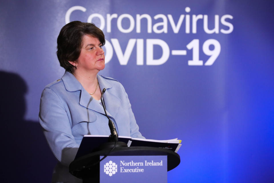 Handout photo issued by Press Eye of First Minister Arlene Foster during the daily media broadcast in the Long Gallery at Parliament Buildings in Stormont, Belfast.