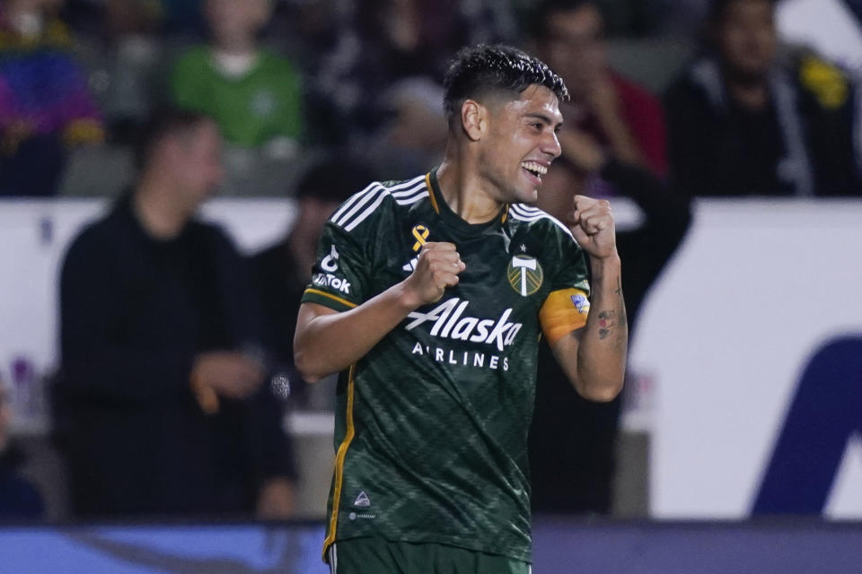 Portland Timbers forward Felipe Mora reacts after an own goal by LA Galaxy defender Eriq Zavaleta during the first half of an MLS soccer match Saturday, Sept. 30, 2023, in Carson, Calif. (AP Photo/Ryan Sun)