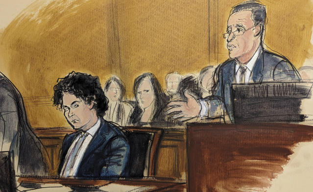 In this courtroom sketch, in federal court in New York, Thursday, Feb. 16, 2023, Samuel Bankman Fried, seated left, watches as his defense attorney, Mark Cohen, addresses Judge Lewis Kaplan during a bail hearing. Kaplan showed growing impatience Thursday with FTX founder Sam Bankman-Fried's use of the internet, suggesting that incarceration might eventually be the most effective way to prevent him from violating his bail conditions by communicating on electronic devices in ways that can't be traced. (AP Photo/Elizabeth Williams)