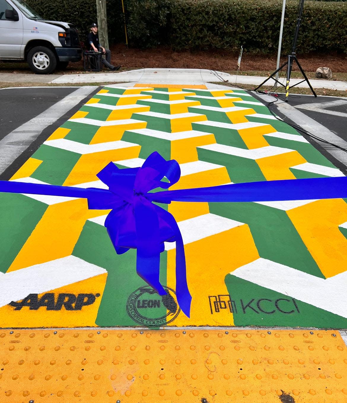 The latest crosswalk in the KCCI's Crosswalk to Classrooms series at W.T. Moore Elementary is elevated and decorated in the school's colors.