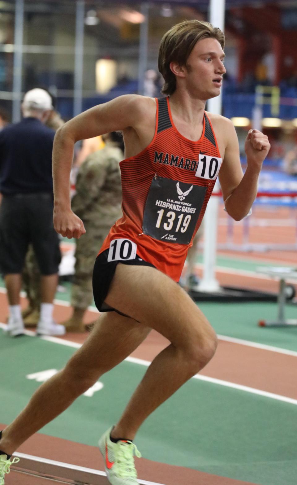 Mamaroneck's Sam Young runs in the Boys 1 Mile Run Invitational during the US Air Force Hispanic Games at The Armory in New York, Jan. 7, 2022. 