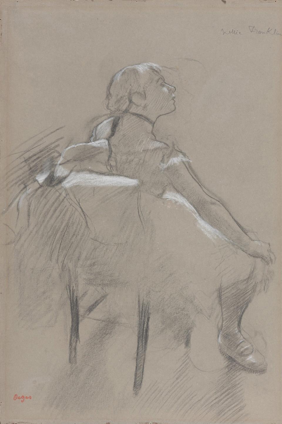 Edgar Degas, Seated Dancer (Nelly Franklin), c. 1880. Charcoal heightened with white chalk; overall: 46 x 31 cm (18 1/8 x 12 3/16 in.). Private Collection