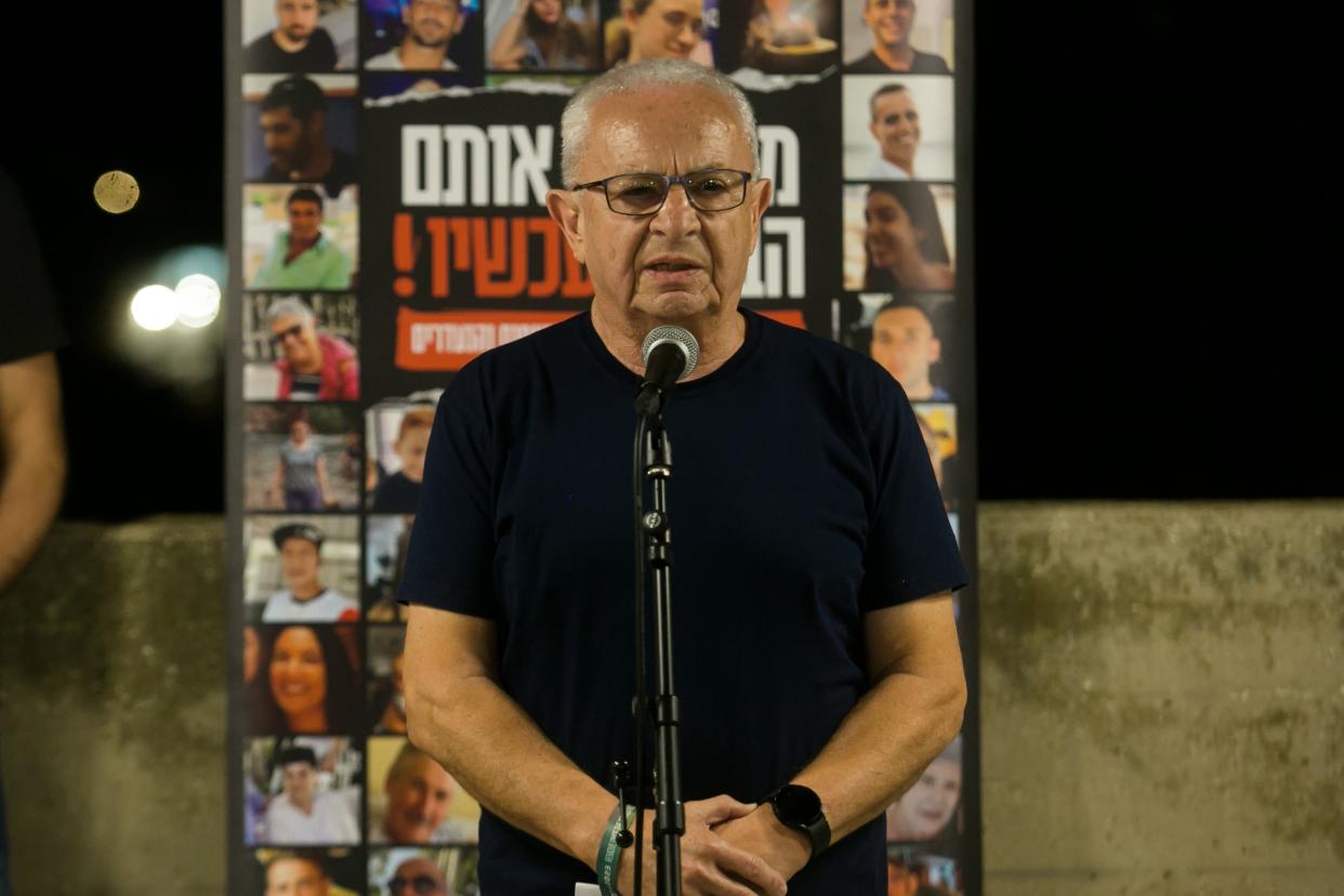 Ramos Aloni, father of hostage Danielle Aloni who featured in the video released by Hamas, speaks at a press conference (Getty Images)