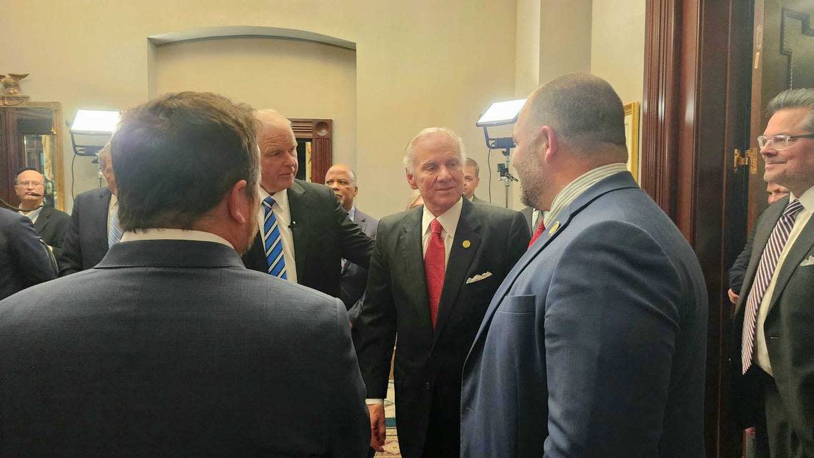 S.C. Gov. Henry McMaster greets lawmakers ahead of his 2024 State of the State address before the General Assembly.