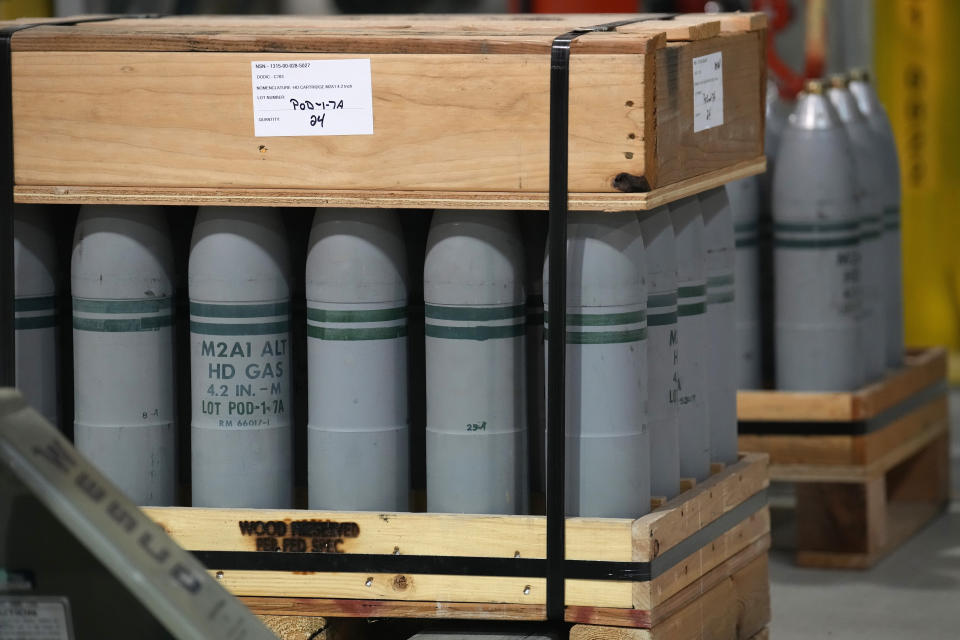 Canisters of mustard gas, which are part of the United States' chemical weapons stockpile, wait for destruction at the U.S. Army Pueblo Chemical Depot Thursday, June 8, 2023, in Pueblo, Colo. The Department of Defense and its systems contractor, the Bechtel Pueblo Team, have more than 1,500 employees working on the project to disarm the more than 780,078 munitions containing mustard gas that have been on the site for more than eight decades. (AP Photo/David Zalubowski)