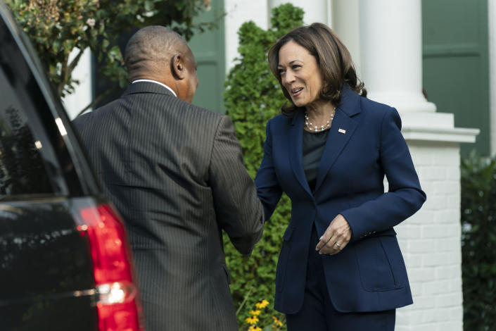 Vice President Kamala Harris greets South African President Cyril Ramaphosa at the Vice President's official residence in the U.S. Naval Observatory compound in Washington, Friday, Sept. 16, 2022. (AP Photo/Manuel Balce Ceneta)