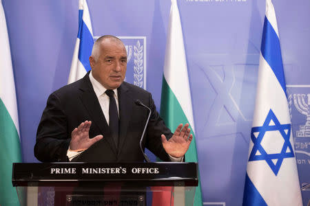 Bulgarian Prime Minister Boyko Borissov gestures as he speaks during a meeting with Israeli Prime Minister Benjamin Netanyahu (not pictured) at the prime minister's office in Jerusalem, June 13, 2018. Abir Sultan/Pool via Reuters