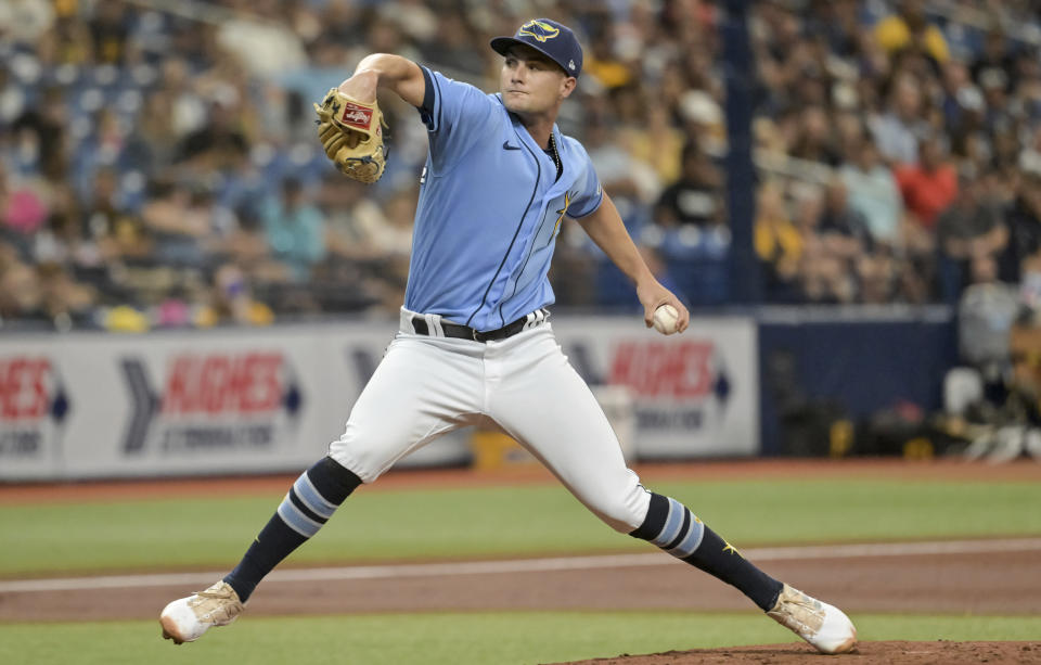 Tampa Bay Rays starter Shane McClanahan pitches against the Pittsburgh Pirates during the third inning of a baseball game Sunday, June 26, 2022, in St. Petersburg, Fla. (AP Photo/Steve Nesius)