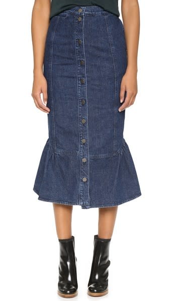 <p>Rachel Comey Range Denim Skirt, $368, <a href="https://www.shopbop.com/range-denim-skirt-rachel-comey/vp/v=1/1503826777.htm" rel="nofollow noopener" target="_blank" data-ylk="slk:shopbop.com;elm:context_link;itc:0;sec:content-canvas" class="link ">shopbop.com</a><br><br></p>