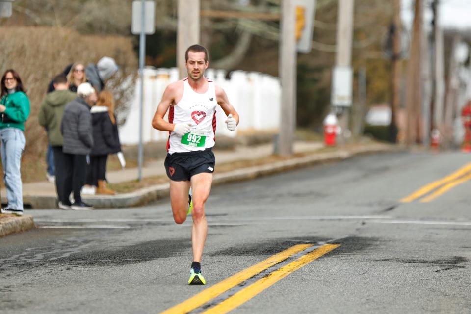 Grant O’Connor, of West Hartford, Conn., seen here making his way up Rockdale Avenue, won the 2024 New Bedford Half Marathon with a time of 1:04:43.