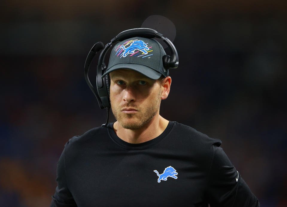 DETROIT, MI - OCTOBER 17: Detroit Lions tight end coach Ben Johnson watches during a game against the Cincinnati Bengals at Ford Field in Detroit, Michigan on October 17, 2021. (Ray Del Rio/Getty Images) photo by)