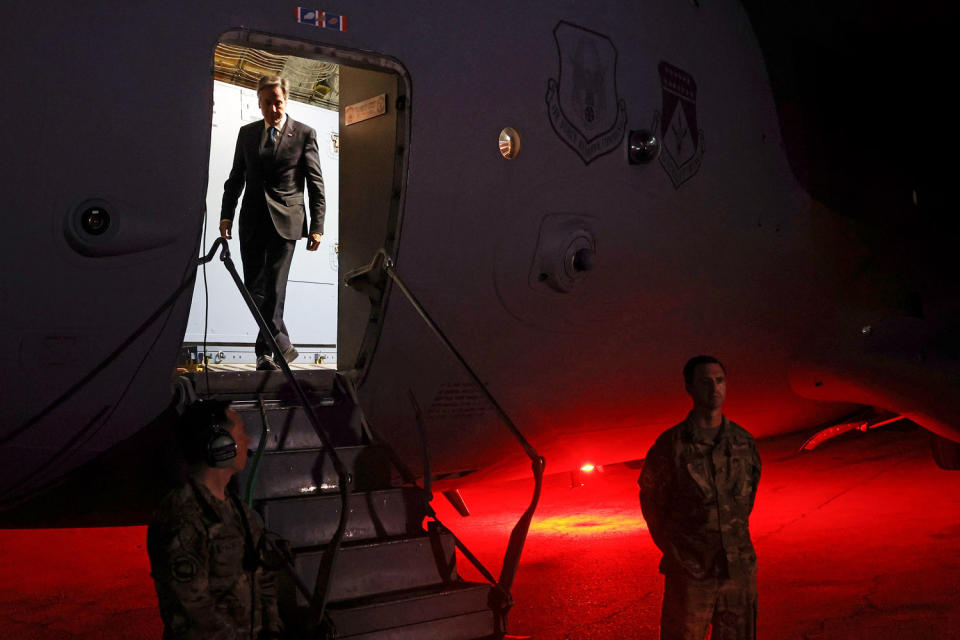 Antony Blinken leaves the plane as he arrives in Jordan. (Jonathan Ernst / Pool via AP)