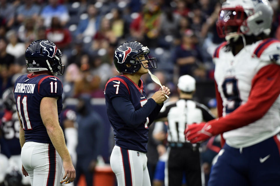 Houston Texans place kicker Ka'imi Fairbairn (7) reacts after missing an extra point against the New England Patriots during the first half of an NFL football game Sunday, Oct. 10, 2021, in Houston. (AP Photo/Justin Rex)