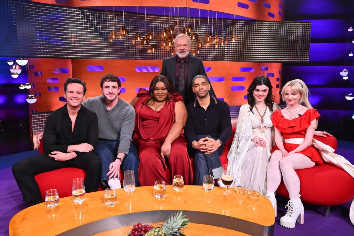 ‘Not a scoobie doo’:  Graham Norton with his ‘celebrity’ guests Andrew Scott, Paul Mescal, Joy Randolph, Kingsley Ben-Adir and indie rockers The Last Dinner Party (So Television )