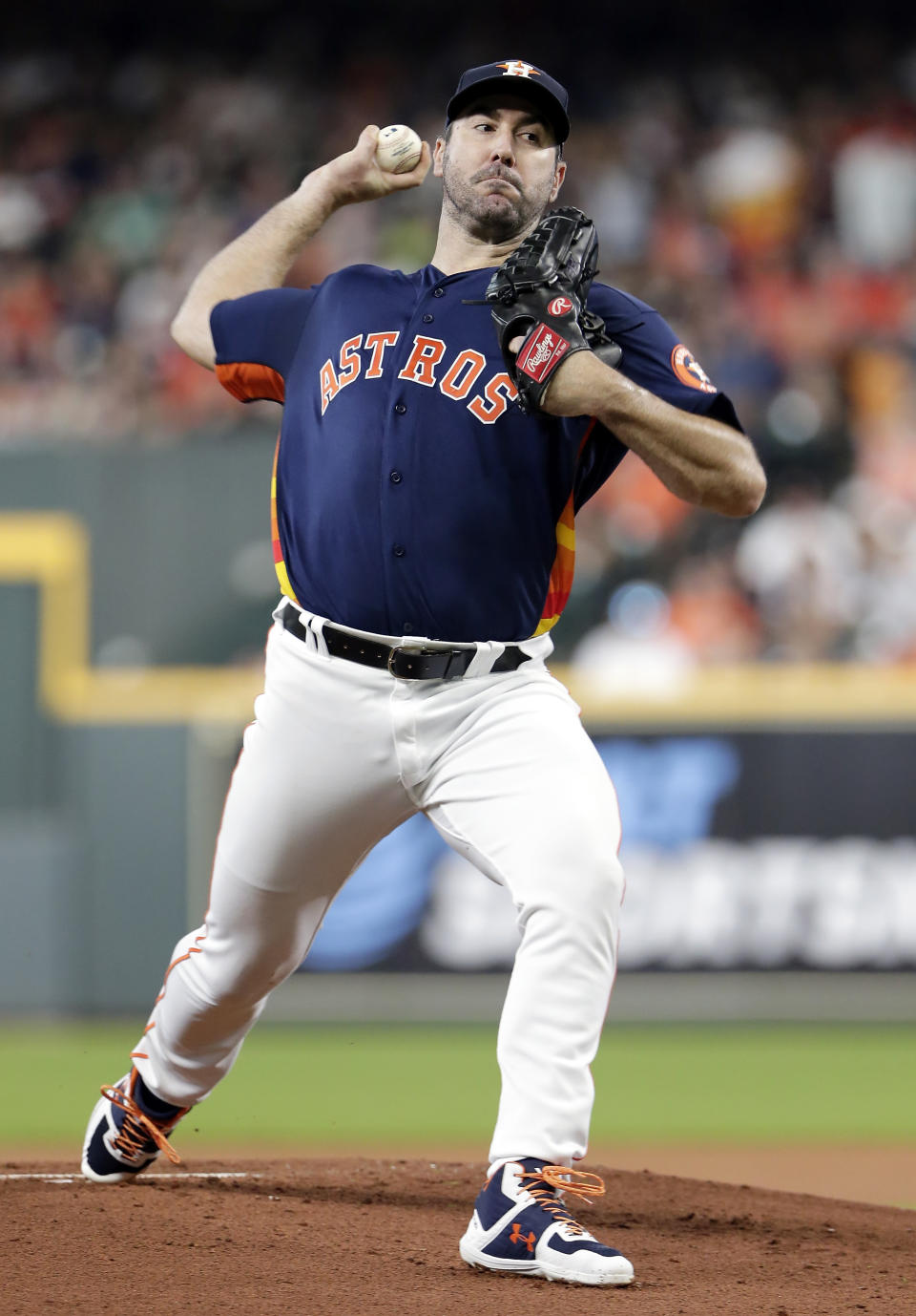 Houston Astros starting pitcher Justin Verlander throws during the first inning of a baseball game against the Seattle Mariners, Sunday, Aug. 4, 2019, in Houston. (AP Photo/Michael Wyke)