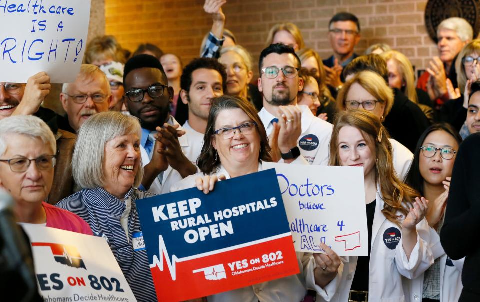 Supporters of Medicaid expansion cheer and applaud before they delivered petitions for State Question 802 to the Oklahoma Secretary of State's office in Oklahoma City, Thursday, Oct. 24, 2019.