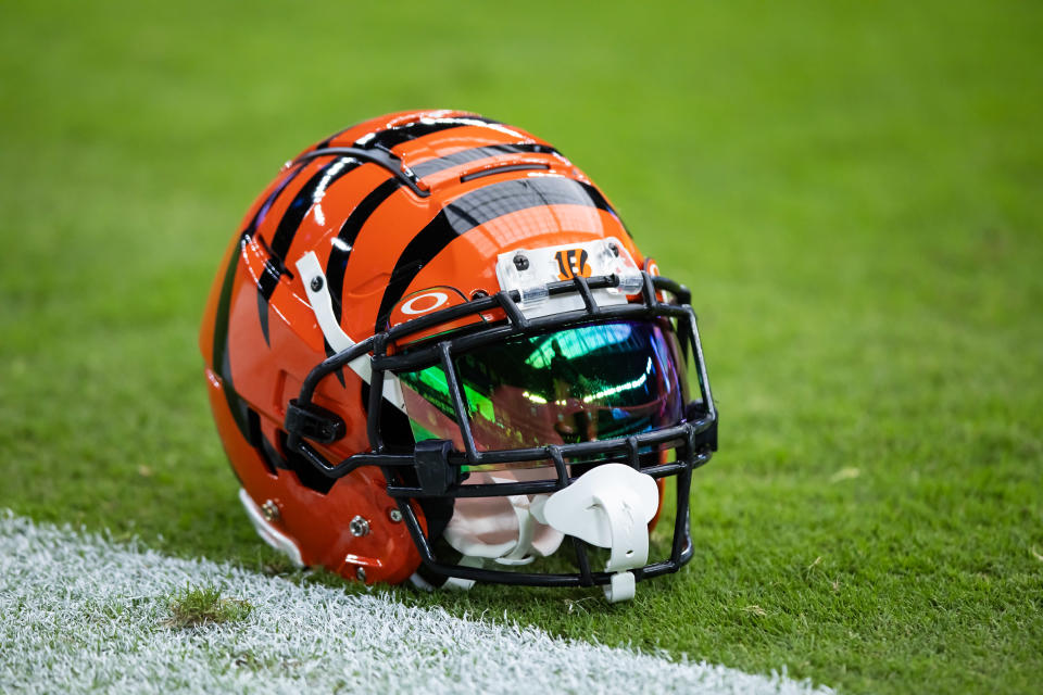 Oct 8, 2023; Glendale, Arizona, USA; Detailed view of a Cincinnati Bengals helmet on the field at State Farm Stadium. Mandatory Credit: Mark J. Rebilas-USA TODAY Sports