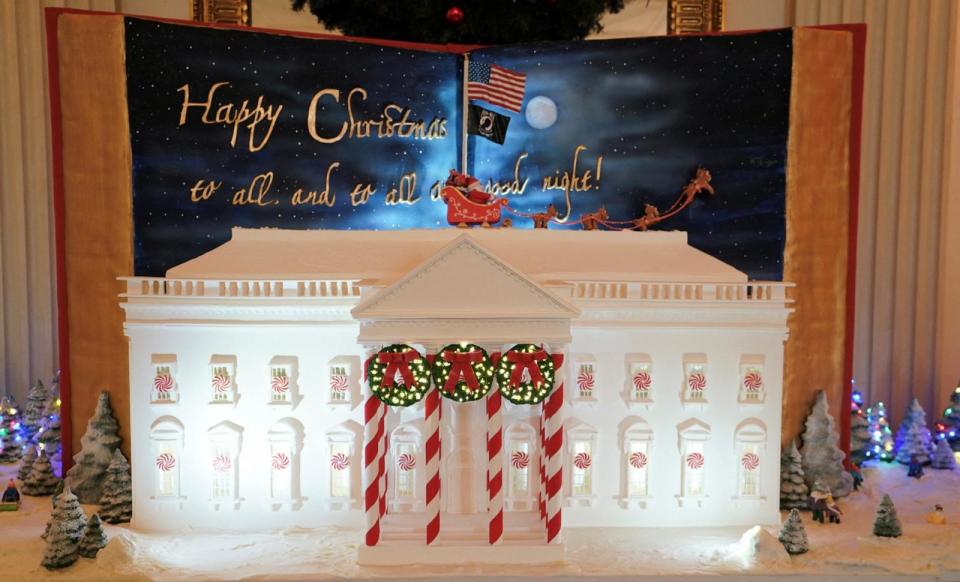 PHOTO: A gingerbread White House is on display during a media preview of the 'Magic, Wonder and Joy' theme holiday decorations at the White House, Nov. 27, 2023.  (Kevin Lamarque/Reuters)