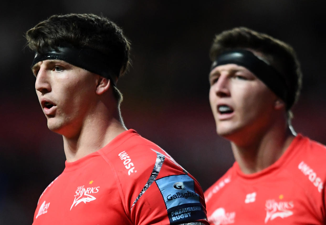 BRISTOL, ENGLAND - MAY 03: Ben Curry and Tom Curry of Sale Sharks look on during the Gallagher Premiership Rugby match between Bristol Bears and Sale Sharks at Ashton Gate on May 03, 2019 in Bristol, United Kingdom. (Photo by Harry Trump/Getty Images)