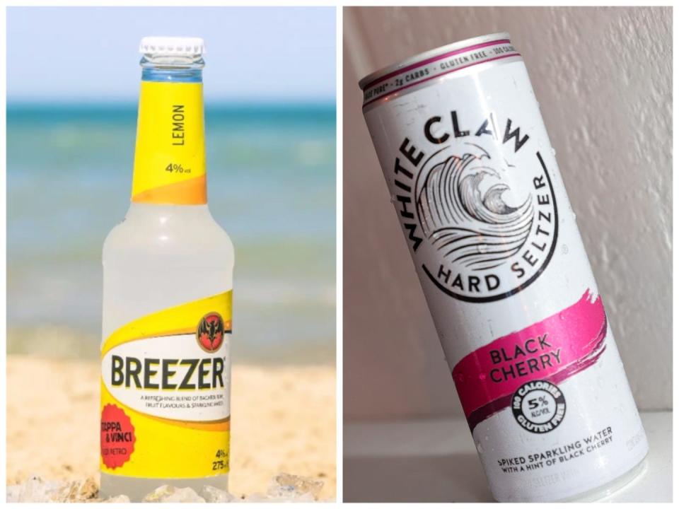 A composite image of a Bacardi Breezer and a White Claw.