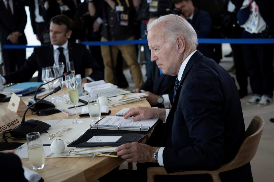 U.S. President Joe Biden attends a meeting during the G7 Leaders' Summit in Hiroshima, western Japan Friday, May 19, 2023.