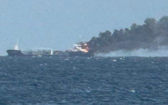 The 73-metre-long oil and chemical tanker Annika is on fire north-east of Kuehlungsborn in the Baltic Sea