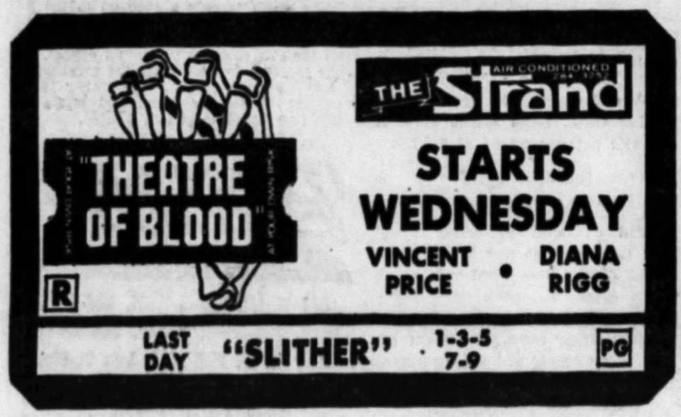 The Strand’s ad in the June 5, 1973 Evening Press for Vincent Price’s "Theatre of Blood."