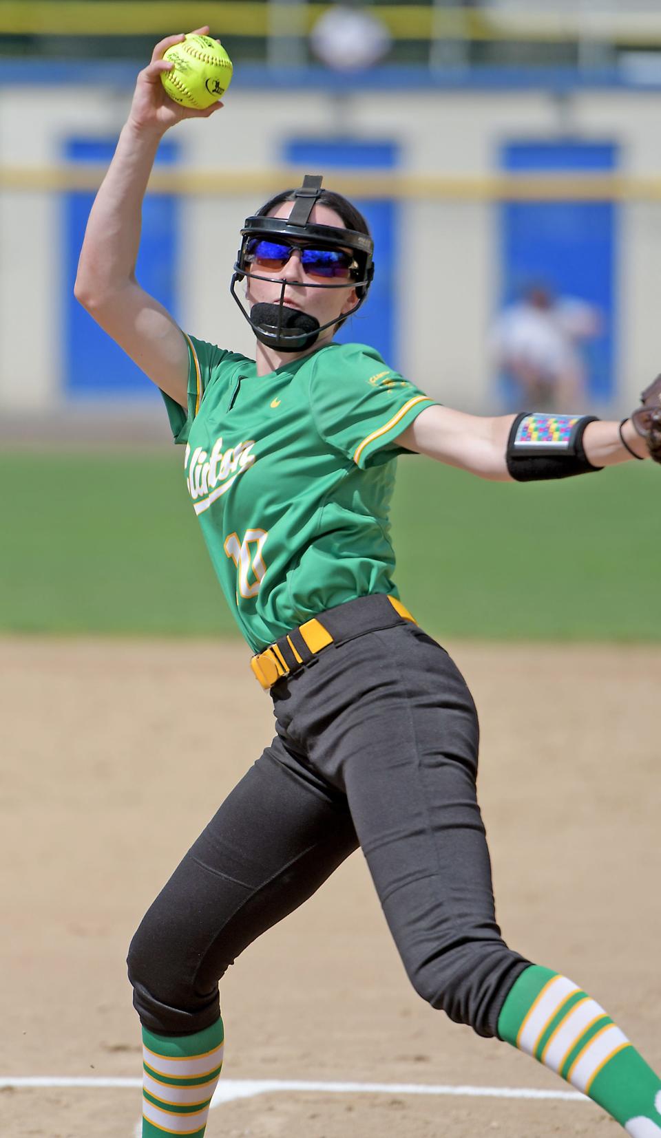 Clinton pitcher Ella Repole delivers to the plate during a Division 4 state softball semifinal against Hampshire.