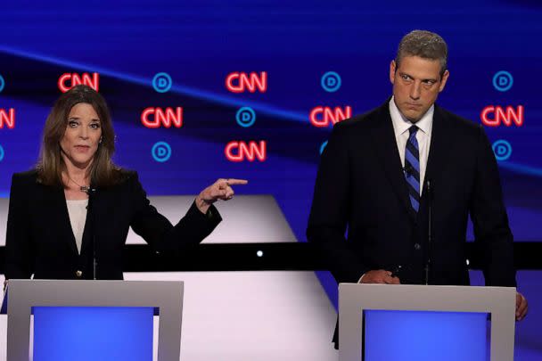 PHOTO: Democratic presidential candidate Marianne Williamson speaks while Rep. Tim Ryan (D-OH) listens during the Democratic Presidential Debate at the Fox Theatre July 30, 2019 in Detroit, Michigan. (Justin Sullivan/Getty Images)