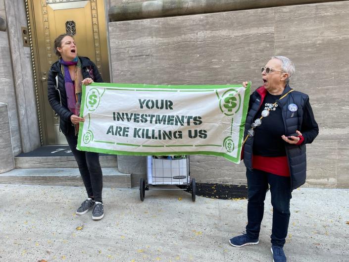 Protestors at a climate protest in New York’s Upper East Side on Thursday (Ethan Freedman/The Independent)