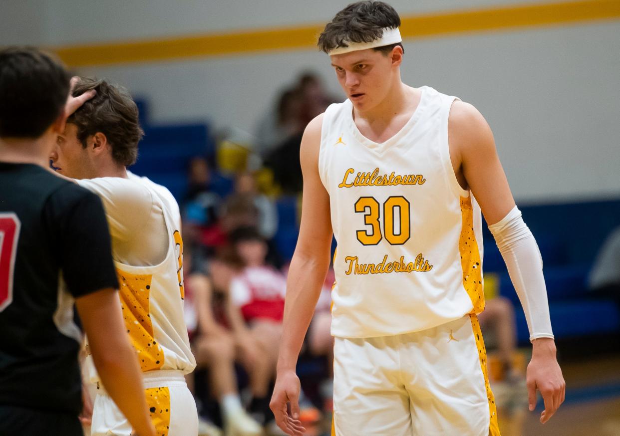 Littlestown's Christopher Meakin steps to the foul line after getting the bucket and-1 during the Southern Border Shootout boys' basketball tournament against Susquehannock Dec. 8, 2023, at Littlestown High School. The Bolts won, 48-36.