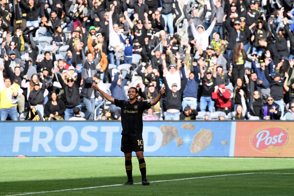 LOS ANGELES, CALIFORNIA - MARCH 01:  Carlos Vela #10 of Los Angeles FC celebrates his goal against Inter Miami CF, to take a 1-1 lead, during the first half at Banc of California Stadium on March 01, 2020 in Los Angeles, California. (Photo by Harry How/Getty Images)