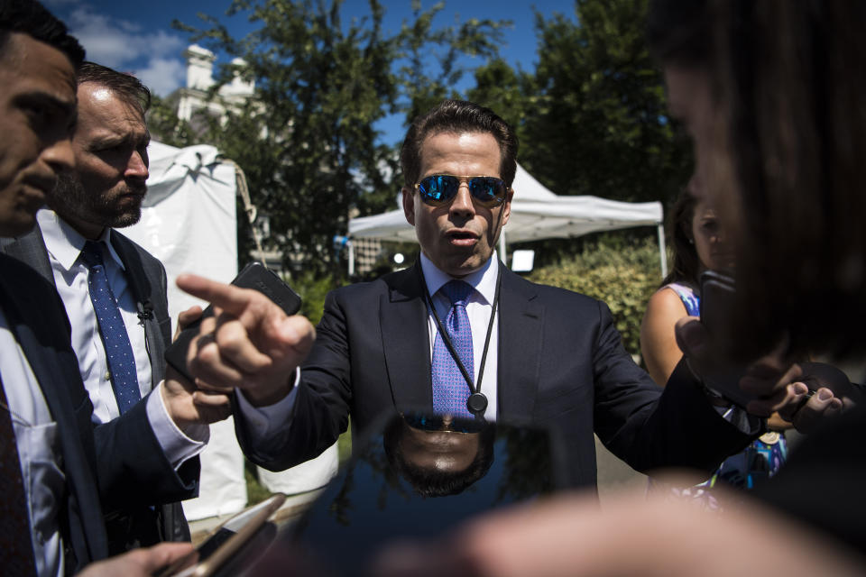 Scaramucci makes his point to members of the media outside the West Wing&nbsp;of the White House on July 25, 2017.