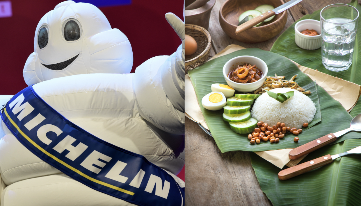 A composite picture of Nasi Lemak and the Michelin Man mascot, illustrating food available in Malaysia's restaurants and eateries. 