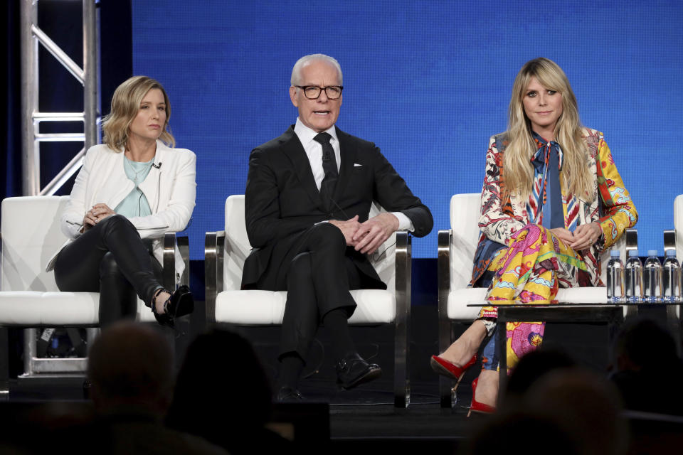 Sara Rea, from left, Tim Gunn and Heidi Klum appear at the "Making the Cut" panel during the Amazon TCA 2020 Winter Press Tour at the Langham Huntington on Tuesday, Jan. 14, 2020, in Pasadena, Calif. (Photo by Willy Sanjuan/Invision/AP)