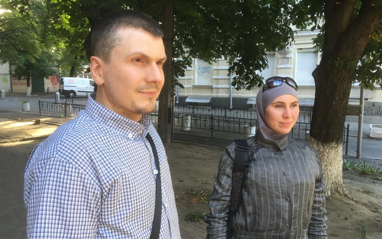 Amina Okueva and her husband, Adam Osmaev, in Kiev in September 2017 - Roland Oliphant/The Telegraph