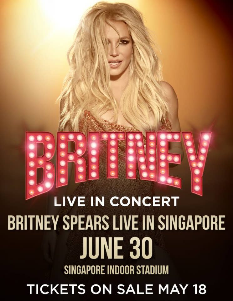 Britney Spears to perform at the Singapore Indoor Stadium, tickets go on sale 18 May. (Photo: Facebook/BritneySpears)