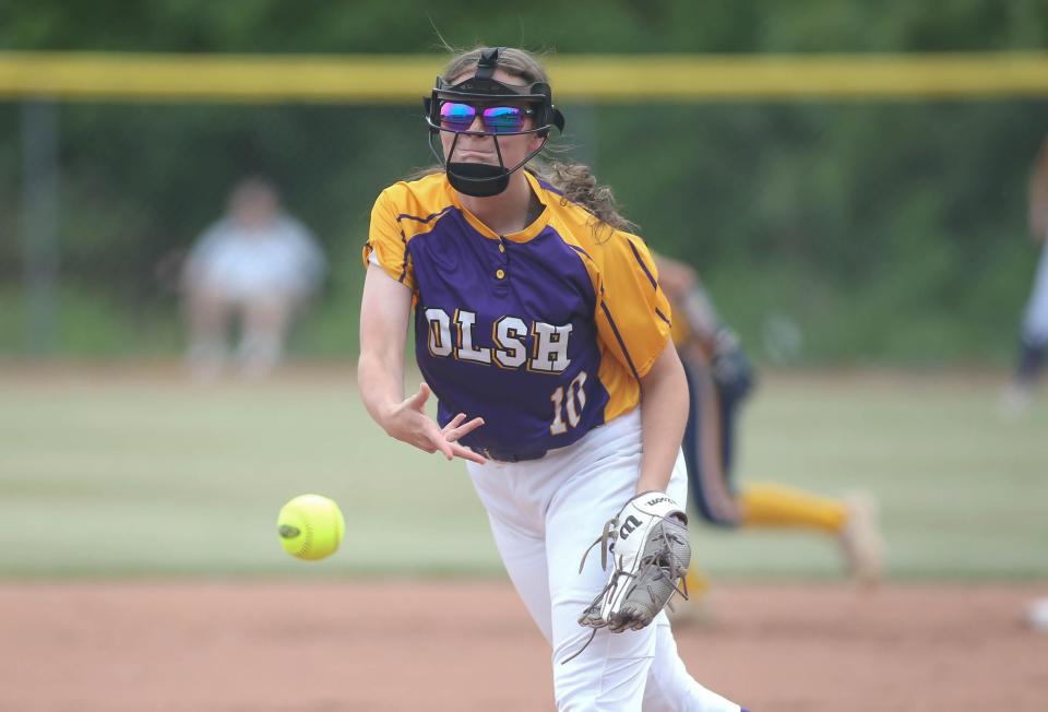 OLSH's Justena Giles delivers a pitch in the first inning against Shenango during the first round of the WPIAL 2A Playoffs Tuesday evening at North Allegheny High School.