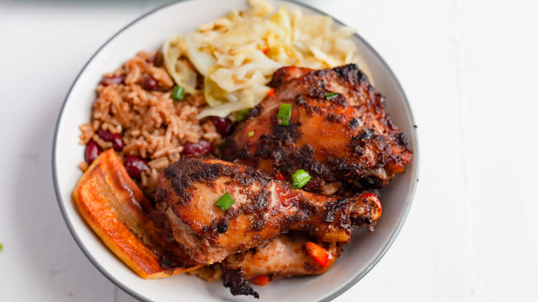 plated jerk chicken and rice