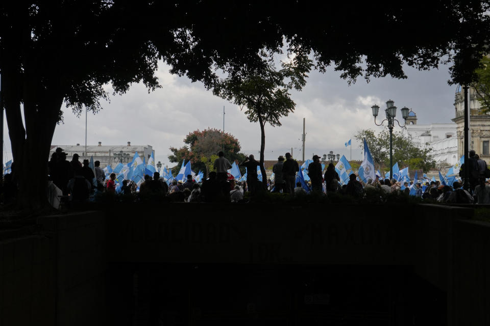 People gather against the legal actions taken by the Attorney General's office against the Seed Movement party and President-Elect Bernardo Arévalo, at the Constitutional Square in Guatemala City, Saturday, Sept. 2, 2023. Guatemala's Congress has declared the Seed Movement's seven lawmakers — one of whom is Arévalo — independents, which bars them from holding leadership positions. (AP Photo/Moises Castillo)