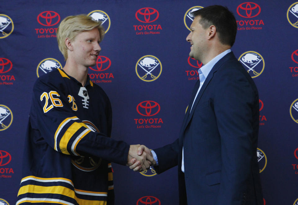 FRasmus Dahlin scored twice in his first game wearing a Buffalo Sabres sweater. (AP Photo/Jeffrey T. Barnes, File)