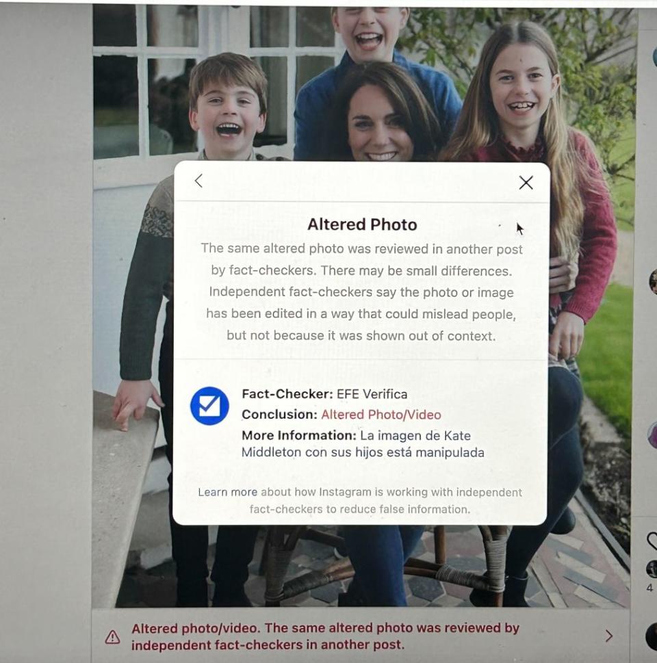 Instagram added an “altered photo” warning on Middleton’s Mother’s Day photo. The Prince of Wales/Instagram